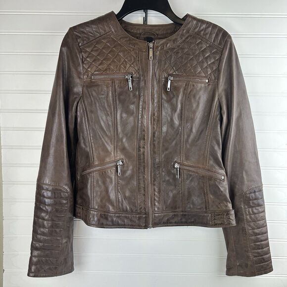 Brown Leather Moto Racing Biker Jacket Womens Small Full Zip Quilted Butter Soft - Picture 2 of 13